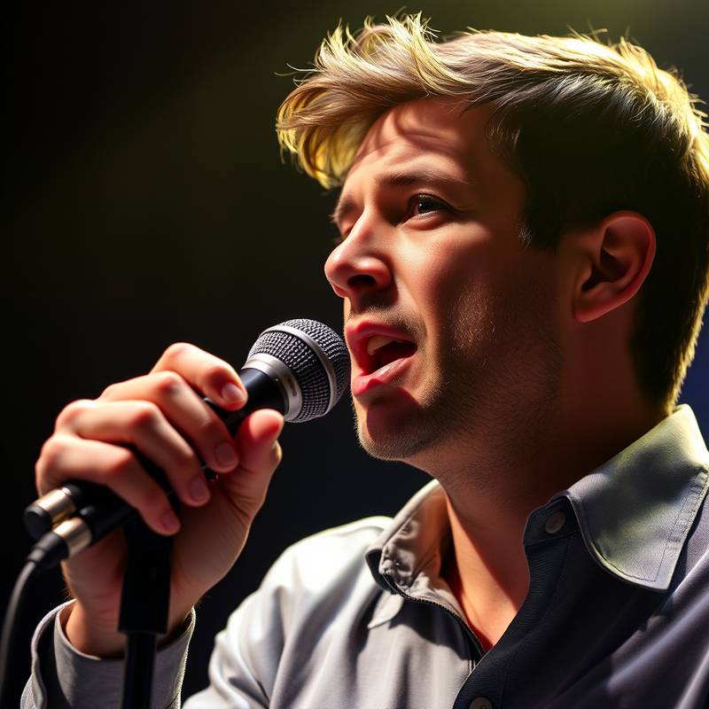 Ein Schauspieler, der ein Mikrofon benutzt und seine Sprechtechnik übt.