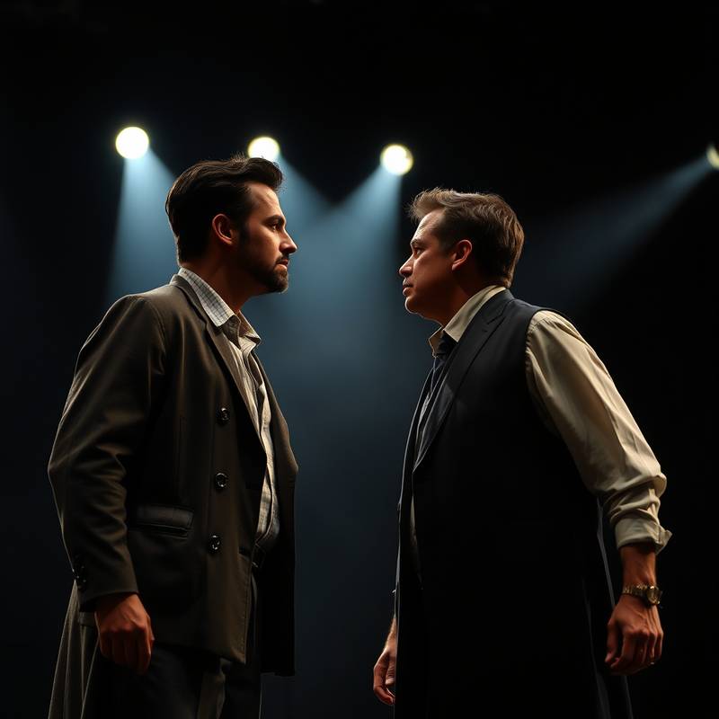 Eine Probe-Szene mit zwei Schauspielern, die auf der Bühne interagieren.